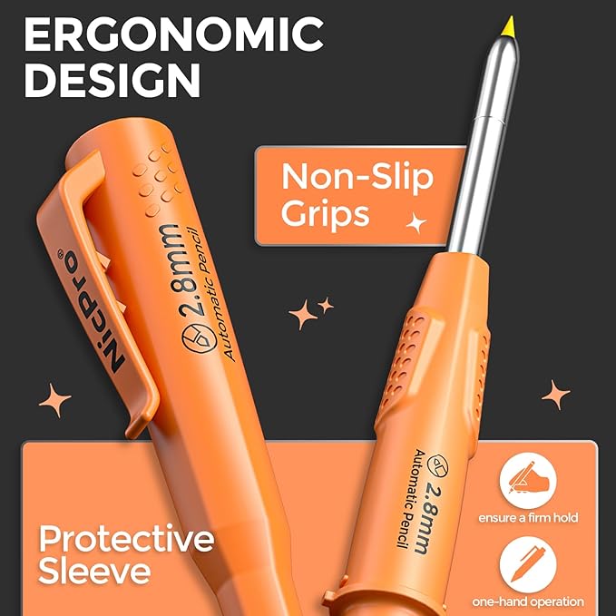 Nicpro 6 Pack CP3000 Carpenter Pencil with Sharpener, Mechanical Pencils Set with 78 Refill, Heavy Duty Construction Pencil, Carpenter Tools for Architect Marking (Red,Black,Yellow,Orange,Green,Blue)