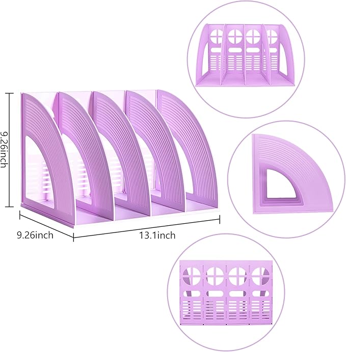 SAYEEC Magazine File Holder Folder Storage Desktop 4 Compartment Standing Hollow Purple Files Bookshelf Organizer Box Office Racks Displays Holds Notebooks Documents for School Working Students