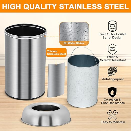 Garvee 18.5 Gallon/70 Liter Open Top Trash Can, Stainless Steel Garbage Can with Removable Inner Bucket, Heavy Duty Commercial Grade Round Waste Container for Kitchen, Home, Office