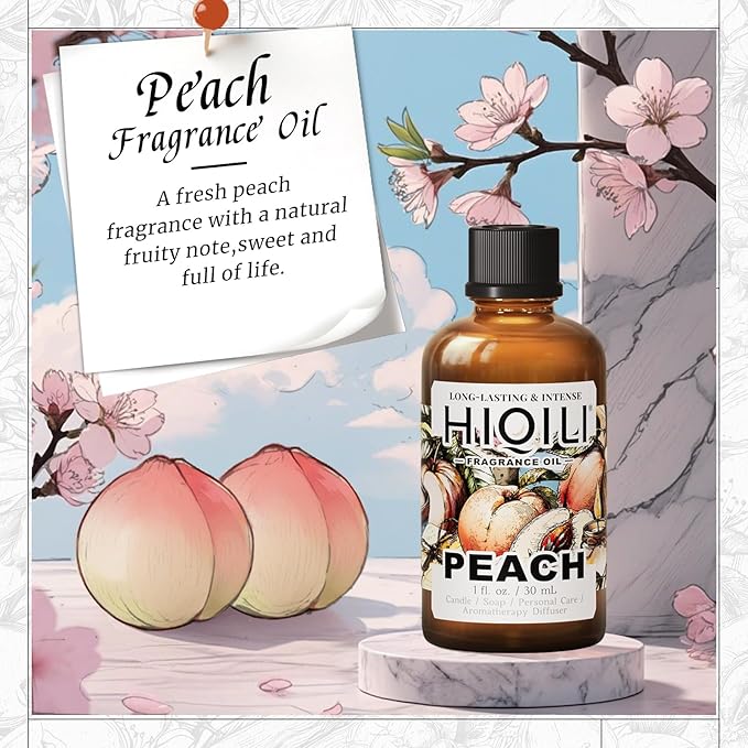 HIQILI Peach Fragrance Oil for Home Diffuser, DIY Candle, Linen & Room Freshener Spray Making, Juicy Fruit Scents - 1 Fl Oz
