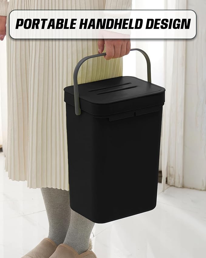 Kitchen Compost Bin - 3.2 Gallons Hanging Trash Can with Lid for Kitchen Bathroom, Under Sink Trash Can, Outdoor Compost Bucket with Lid, 12L(Black)