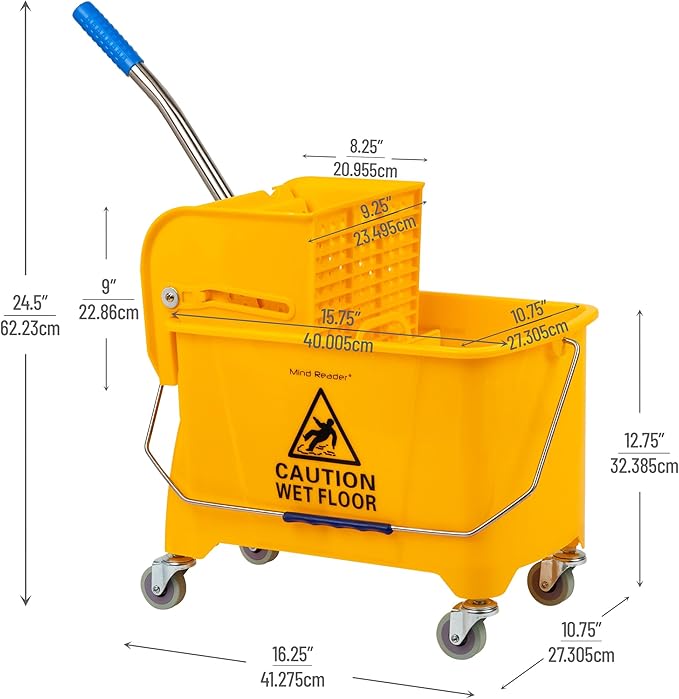 Mind Reader Mop Bucket with Wringer, 22 Qt (5.5 Gallon), Floor Cleaning, Handle, Wheels, 16.25"L x 10.75"W x 24.5"H, Yellow