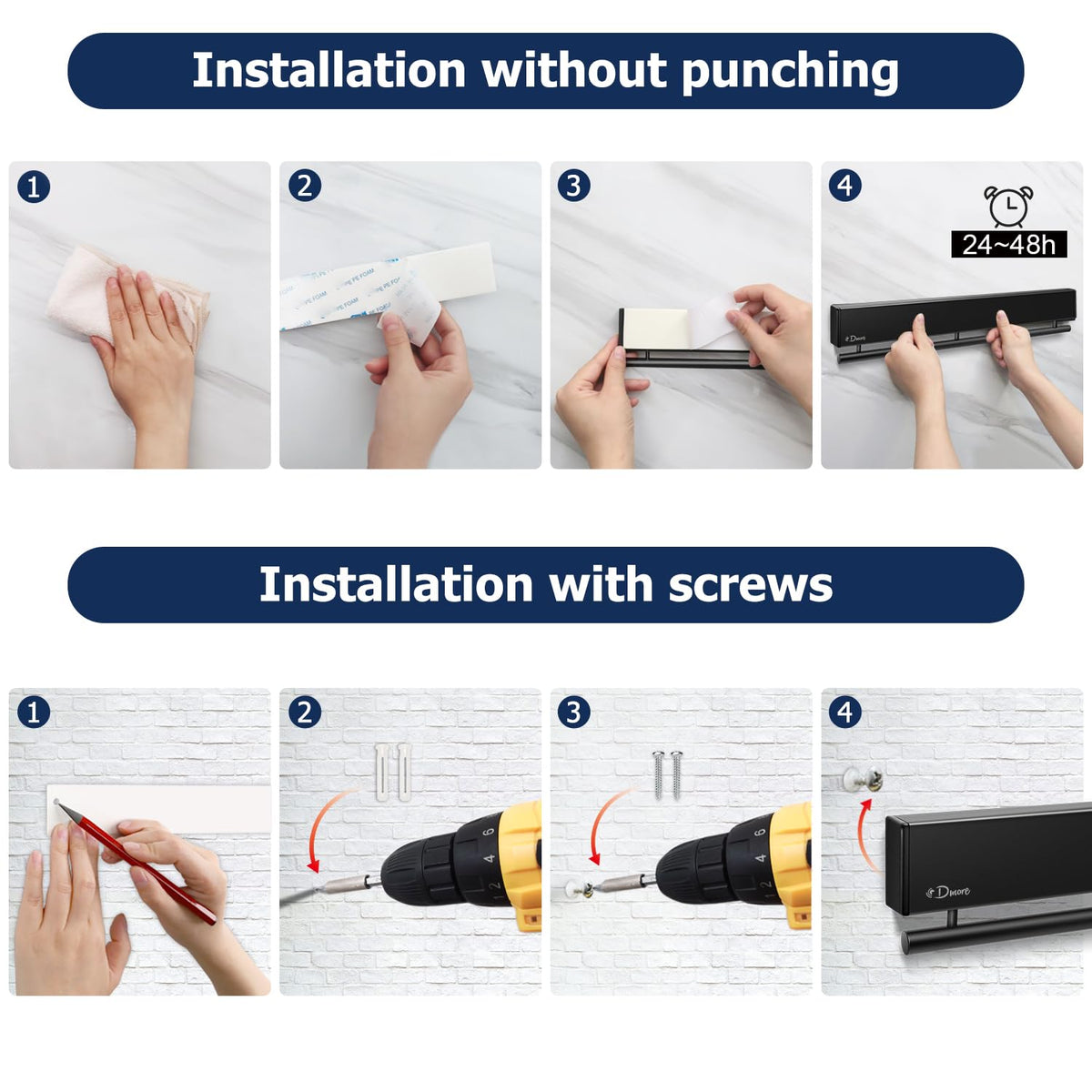 Dmore magnetic knife holder for wall—with 5 hooks, No Drilling 12 Inch black knife magnetic strip, Extra Strong Magnet knife rack, include Adhesive Tape and screws for Knives and Tools