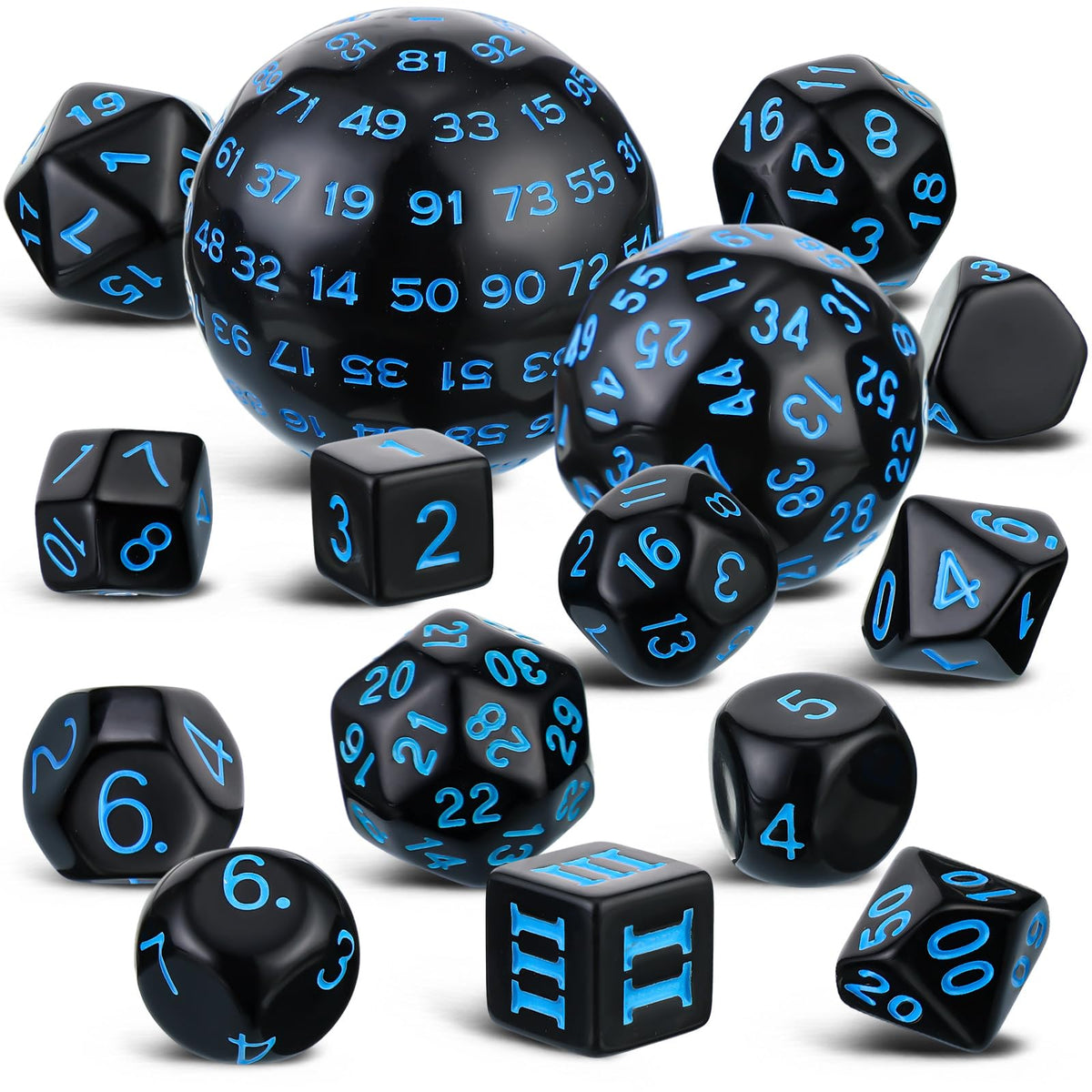 Civaner 15 Pcs Complete Polyhedral Dice Set D3-D100 Spherical RPG Dice Set in Opaque Black, 100 Sides for Role Playing Table Games Party Supplies(Black and Blue)