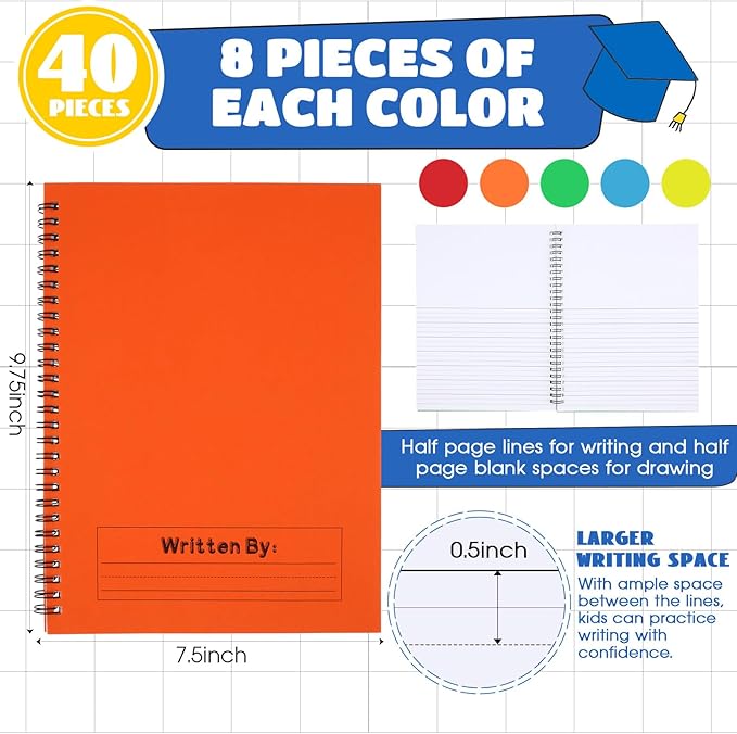 Henoyso 40 Pcs 100/50 Sheets Primary Composition Notebook K-2 Bulk Spiral Primary Journal Drawing Handwriting Practice for Kids Kindergarten 1st 2nd Back to School Supplies (Bright Color,50 Sheets)