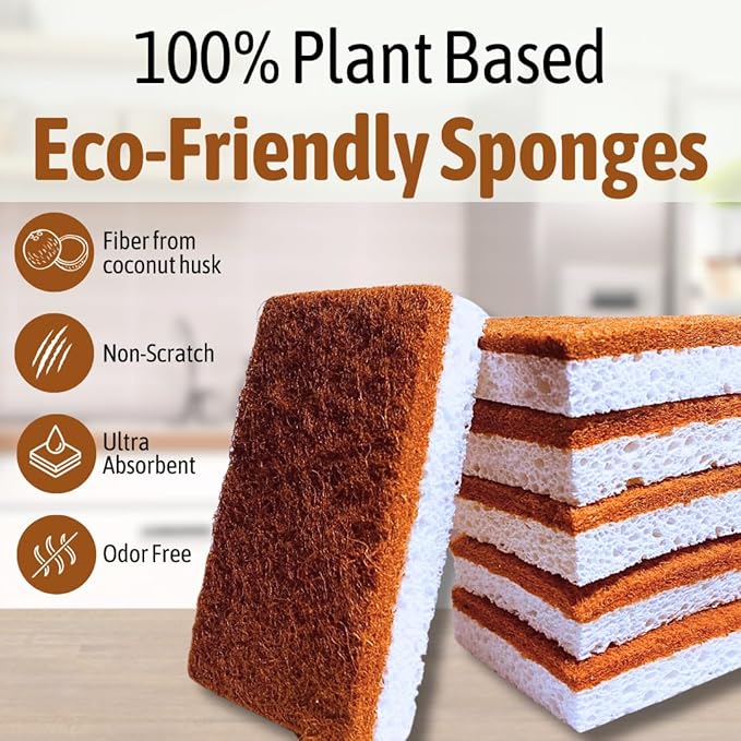 BPA Free Premium 6-Pack Biodegradable Natural Kitchen Dish Sponge Vegan Plant-Based All-Natural Non-Scratch Coconut Fiber & Wood Cellulose sponges Eco-Friendly Organic EcoGrove