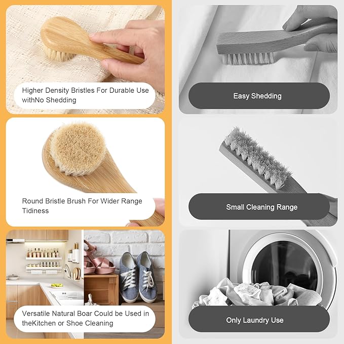 Laundry Stain Brush Laundry Brush for Stains on Clothes Natural Boar Bristle Cleaning Brushs Removes Toughs Stains from Fabrics Without Damages