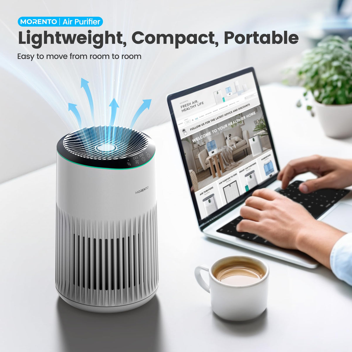 MORENTO Air Purifiers for Home, Air Purifier for Smoke Pet Dander Odors with Fragrance Sponge, Small Air Purifier with Sleep Mode for Bedroom Office, Blue Ambient Light, MR2566, White,1 Pack+3 Modes