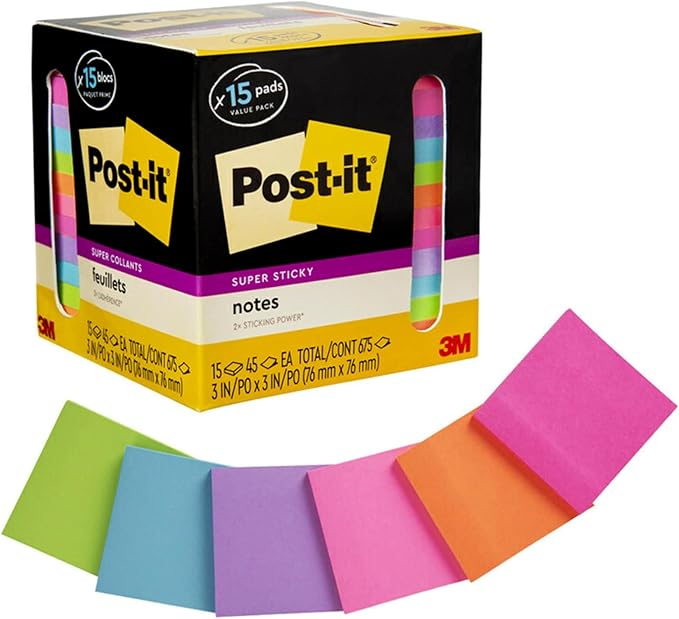 Post-it Super Sticky Notes, Assorted Bright Colors, 3x3 in, 15 Pads/Pack, 45 Sheets/Pad, 2X The Sticking Power, Recyclable, Multi-Color