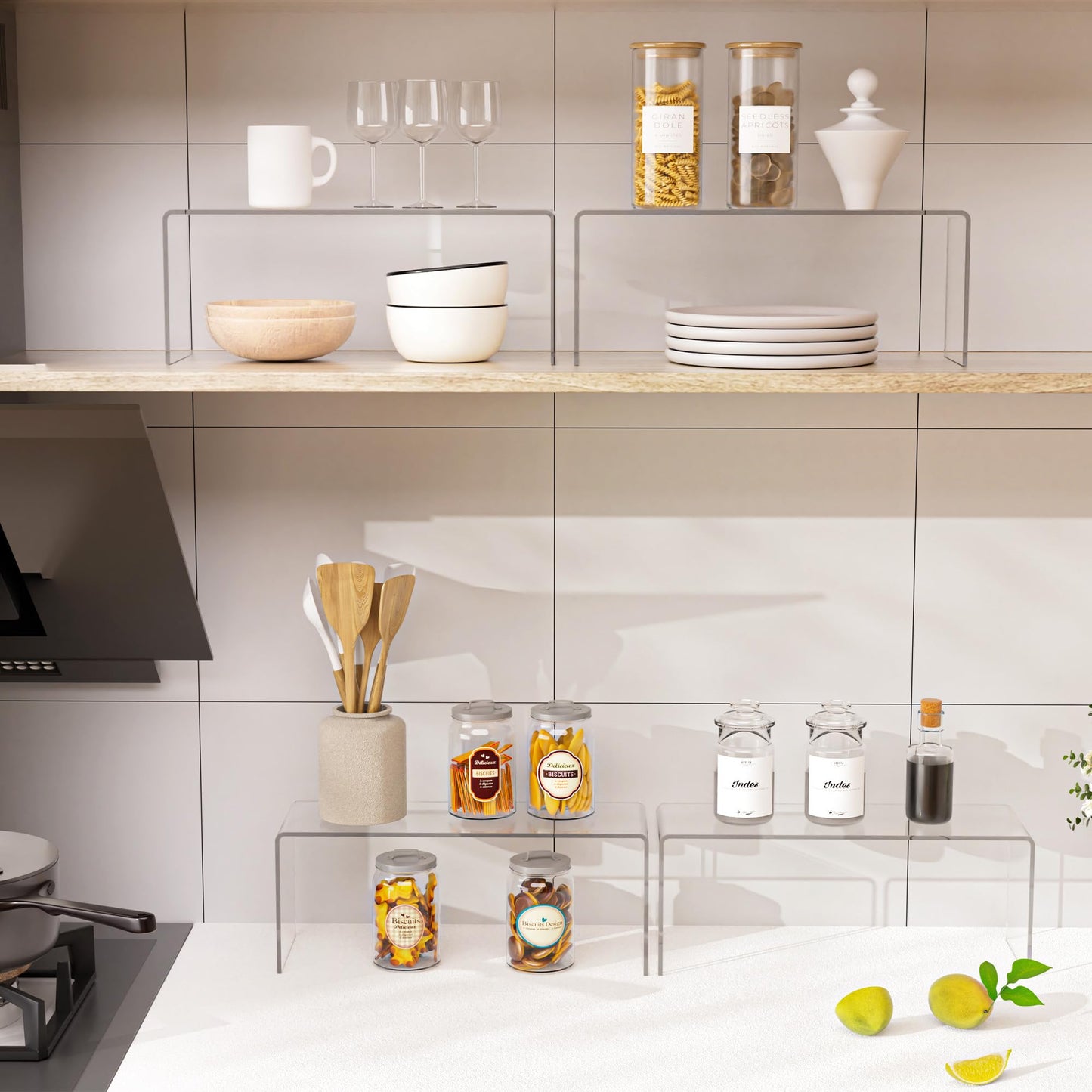 Aminigram 4 Packs Cabinet Organizer Shelf, Acrylic Kitchen Counter Shelves Organizer, Spice Rack for Dishes, Spices, Soda Cans and Bottles（12.4 x 4 x 4.6 inch）
