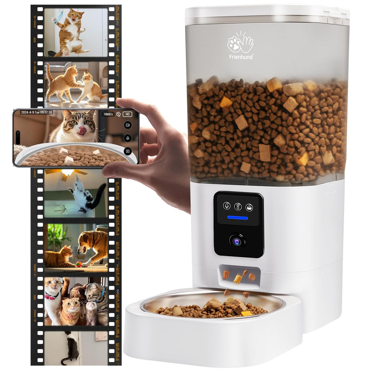 Frienhund Automatic Cat Feeder with 2K HD Camera: Automatic Dog Feeder with Night Vision, Cat Food Dispenser with 5G WiFi for Multiple Pet, Detachable for Easy Clean - 29 Cup （7L Large Capacity）