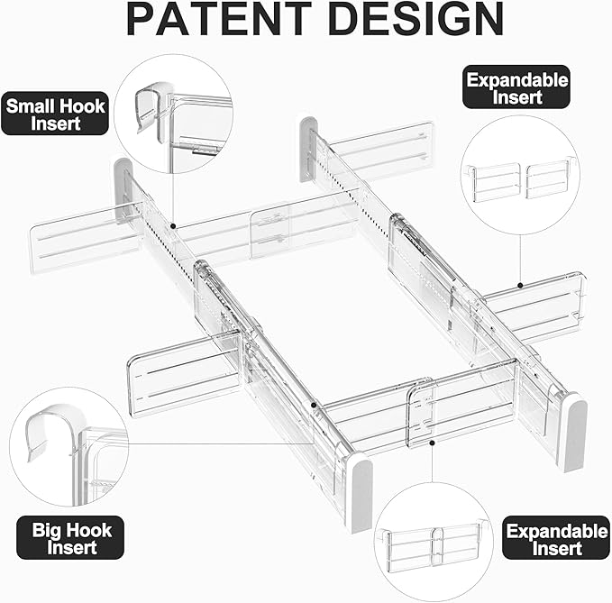 HiYZ Expandable Drawer Dividers with Inserts - Adjustable Drawer Organizers Separators for Kitchen, Bedroom, Dresser, Office, 8 Long Dividers(12.6-22.8 IN) with 10 Inserts(3.9-7.1 IN) - Clear