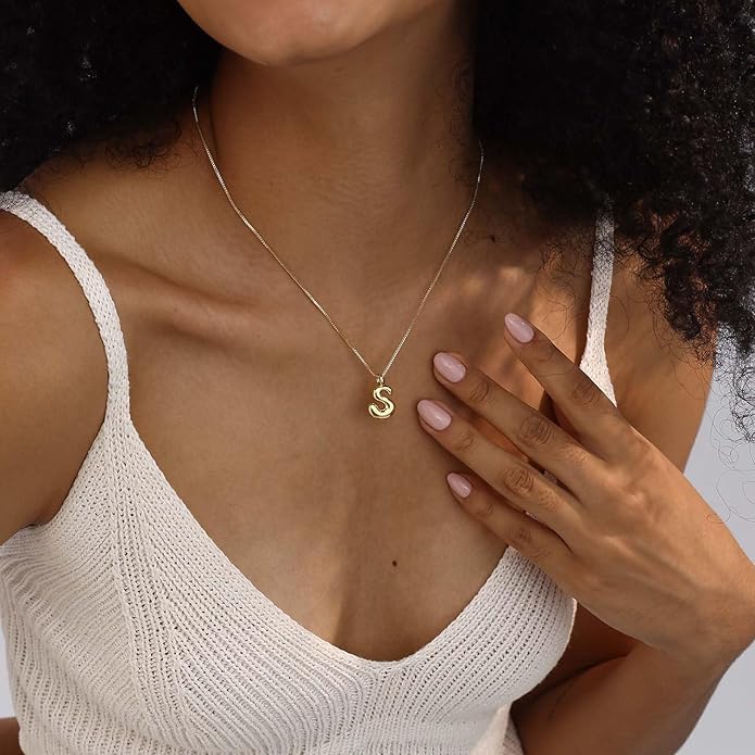 Bubble Gold Silver Letter Necklace Initial Necklaces for Women Trendy 14K Dainty Charm Pendant Name Necklace Personalized Jewelry Gift for Women Teen