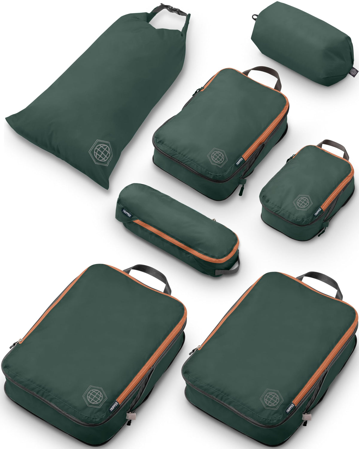 Large Compression Packing Cubes for Travel-Packing Cube Luggage Organizers 7 Piece Set for Checked Luggage-Ultralight, Expandable/Compression Bags by TRIPPED Travel Gear (Green and Brown)