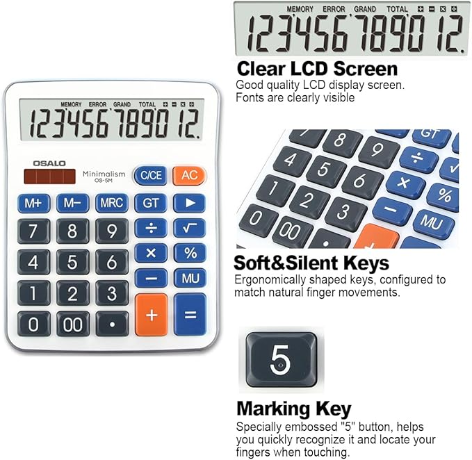 Desktop Calculator Extra Large 5-Inch Clear LCD Display 12-Digit Big Number Button Office Calculator with Auto Sleep Function (OS-5M)