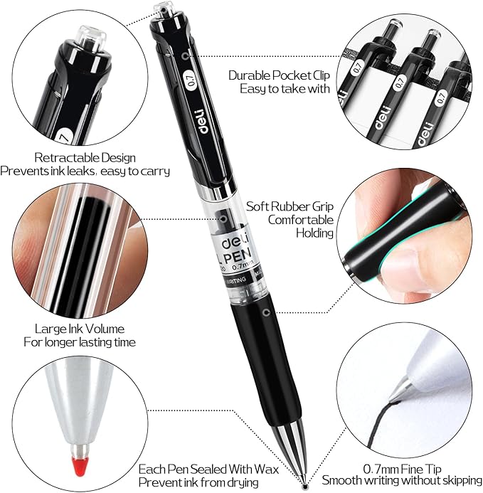 deli Gel Pens, 30 Pcs Retractable Pens Black Ink, Medium Point Pen Bulk 0.7mm, Smooth Writing, Fast Dry, No Bleed for Journaling Note Taking, Home School Office Supplies
