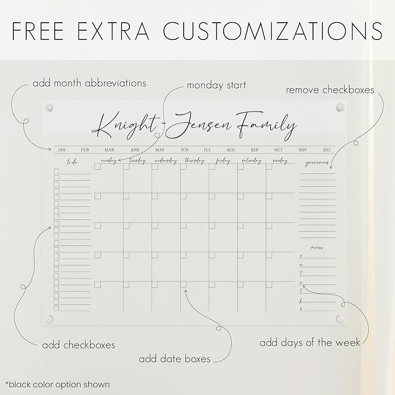 Personalized Clear Acrylic Calendar for Wall, Calendar Whiteboard for Wall, Dry Erase Wall Calendar, Wall Calendar Organizer System for Home (Cursive, White, 23"W x18.5"H)