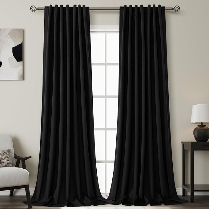 Black Linen Blackout Curtains 96 Inches Long 2 Panel Set for Living Room Back Tab Thermal Insulated Light Blocking Drapes Modern Farmhouse Energy Saving Bedroom Curtains with White Liner 8 Ft