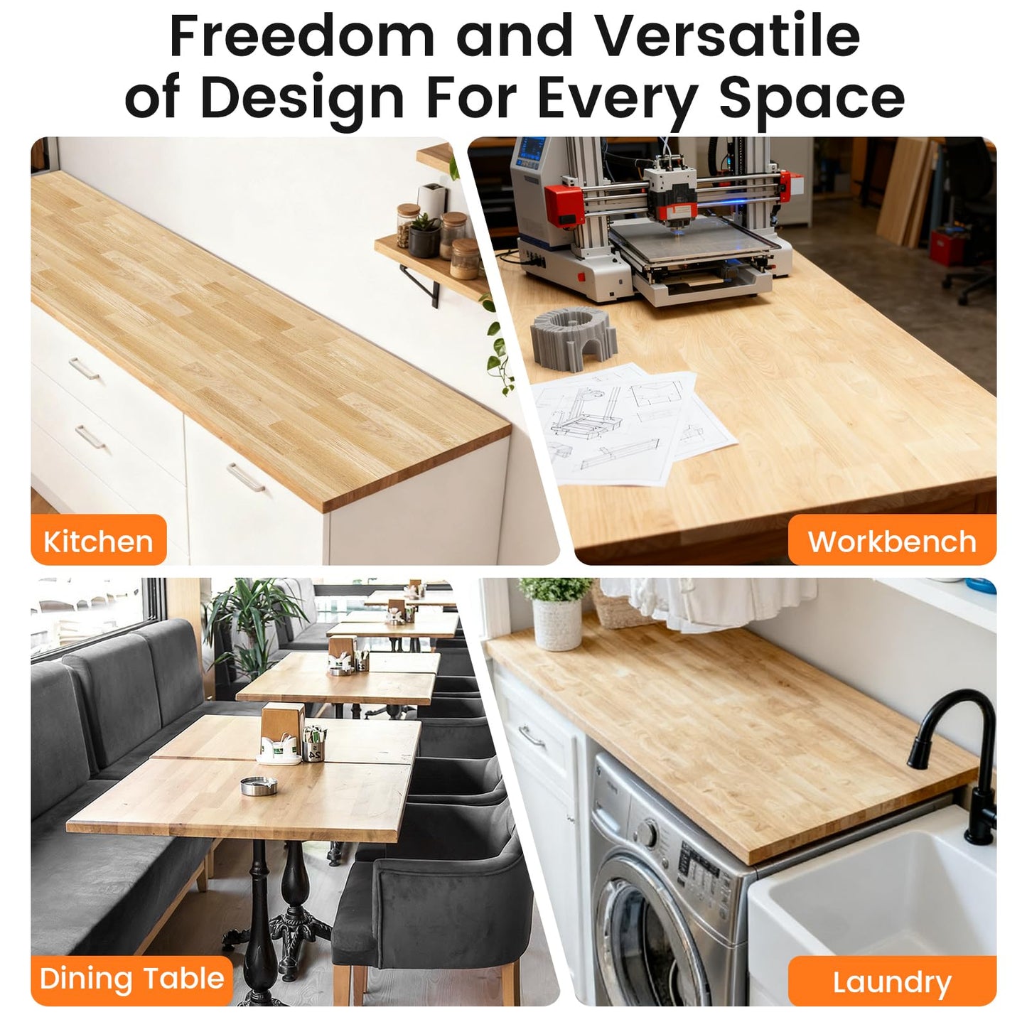 Butcher Block Countertop, Solid Wood Table Top - 3.5ft Unfinished Birch Work Bench Top Cut to Size for DIY Desktop/Washer Counter/Office Desk/Kitchen Island/Living and Dining Room Tables 42x25x1.5in