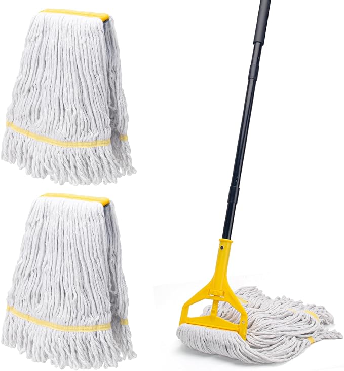 Commercial Mop with 3 Extra Large Replacement Heads,59" Long Handle Heavy Duty Industrial Mops for Floor Cleaning,Looped-End String Wet Cotton Mop for Home,Kitchen,Office,Garage,Concrete/Tile Floor