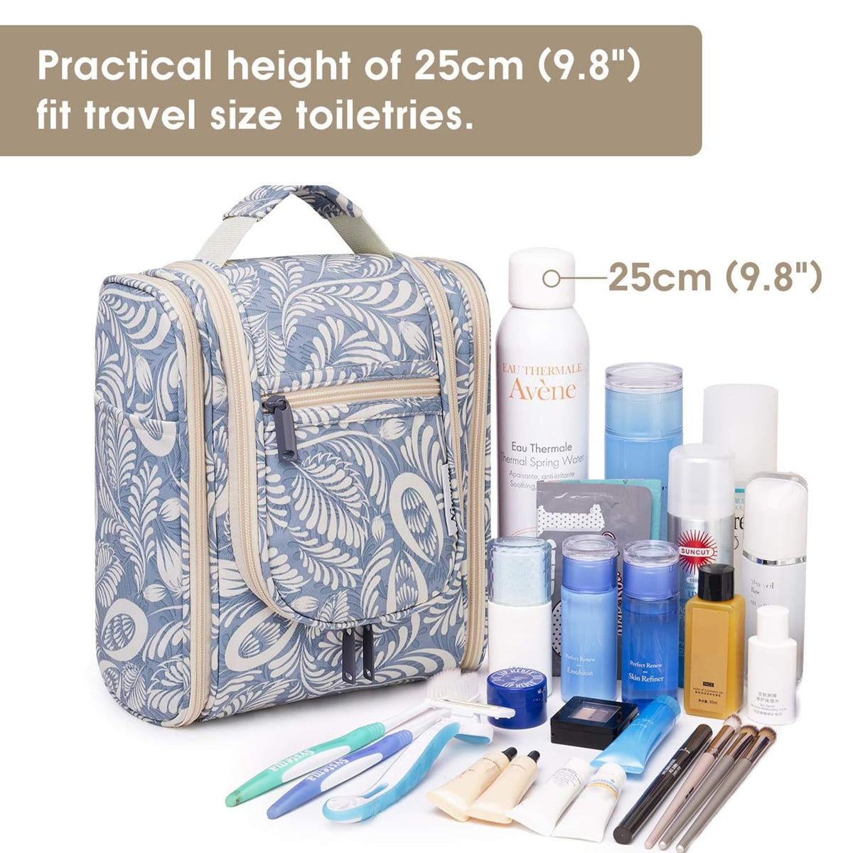 Narwey Small Hanging Toiletry Bag Women Travel Makeup Bag Organizer Toiletries Bag for Travel Size Essentials Accessories Cosmetics (Medium, Blue Leaf)
