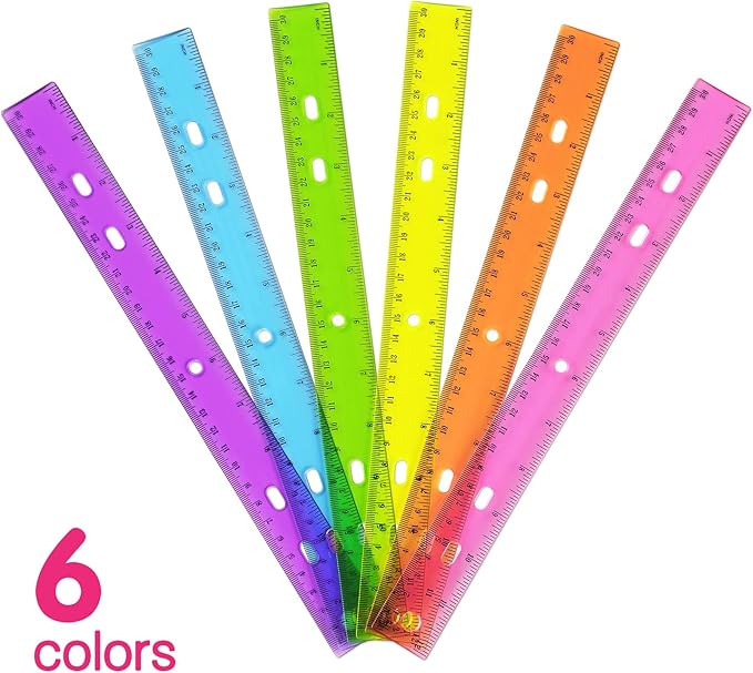 ZZTX 6 Pack Color Transparent Ruler Plastic Rulers 12 Inch, Metric Bulk Rulers with Inches and Centimeters, Kids Ruler for School, Home, Office