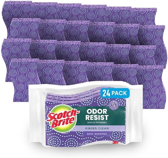 Scotch-Brite Odor Resist Non-Scratch Scrub Sponge, Dishwasher-Safe Kitchen Sponges that Resist Bacterial Odors, Multipurpose Dish Sponge for Gentle Cleaning, 24 Dish Sponges