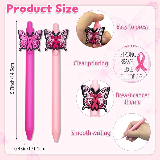 24Set Breast Cancer Awareness Pens with Encouragement Cards Cancer Ballpoint Pen with Inspirational Words Retractable Ink Point Pens for Women Nurses Day Public Event