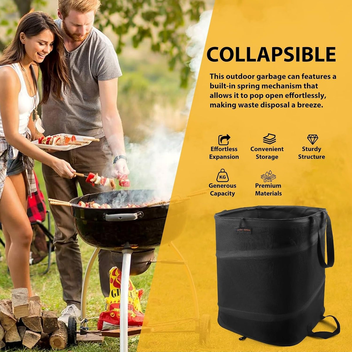 YUDI & GARDEN 19 Gallon Square Collapsible Yard Waste Bin｜Collapsible Trash Can｜Camping Trash Can, for Collecting Weeds or Yard and Party Waste