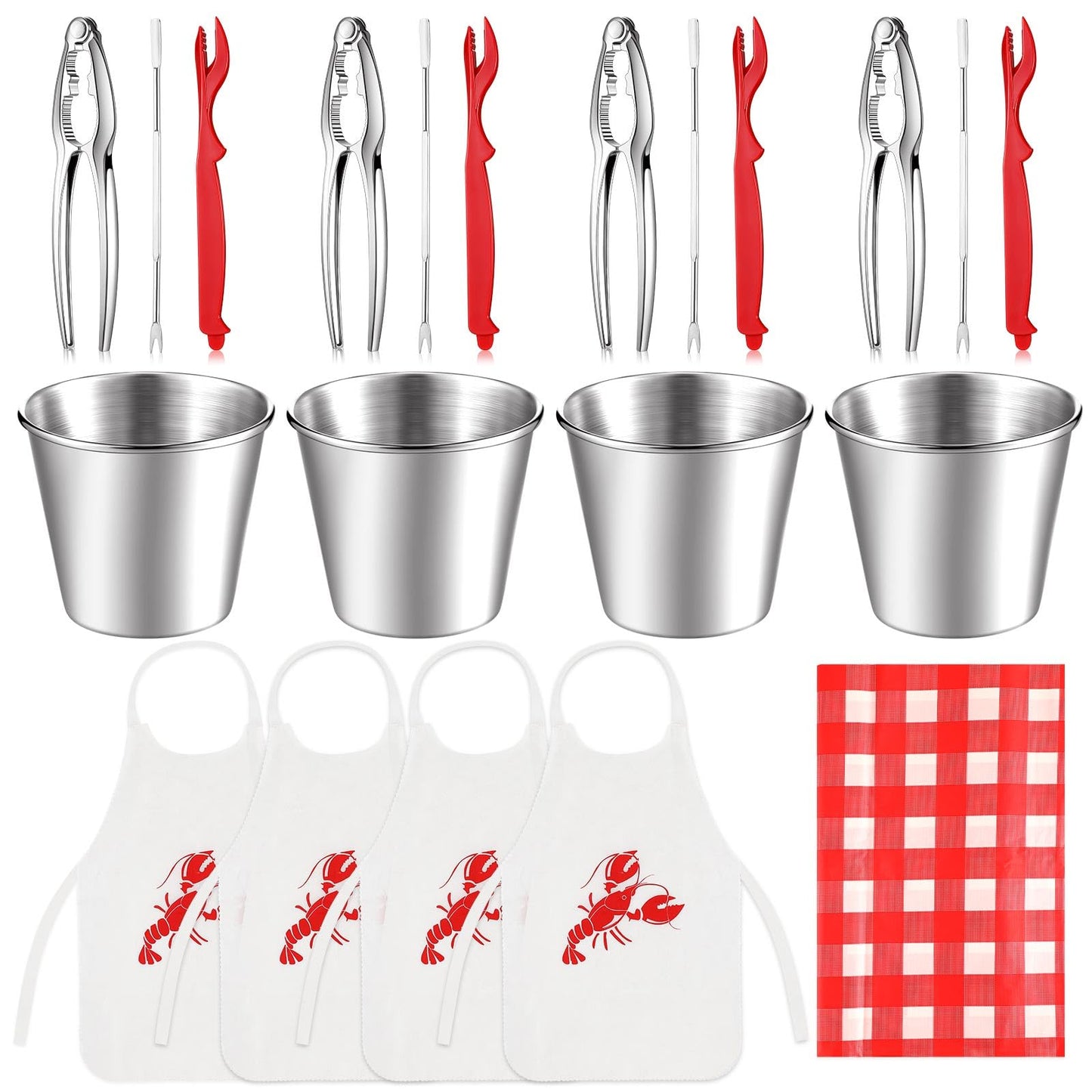 Mepase 21 Pcs Seafood Tools Set Nut Cracker Set Crab Crackers, Crab Forks/picks, Lobster Shellers, 1.7 oz Dipping Sauce Cups, Lobster Bibs, Red Checkered Disposable Plastic Tablecloth