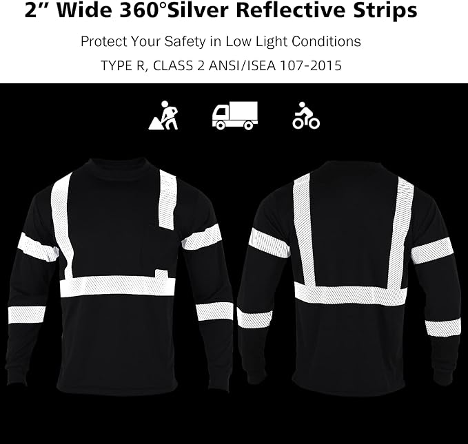 VENDACE 3 Pcs Safety T Shirts Reflective High Visibility Hi Vis Long Sleeve Construction Work Shirts for Men (Black,L)