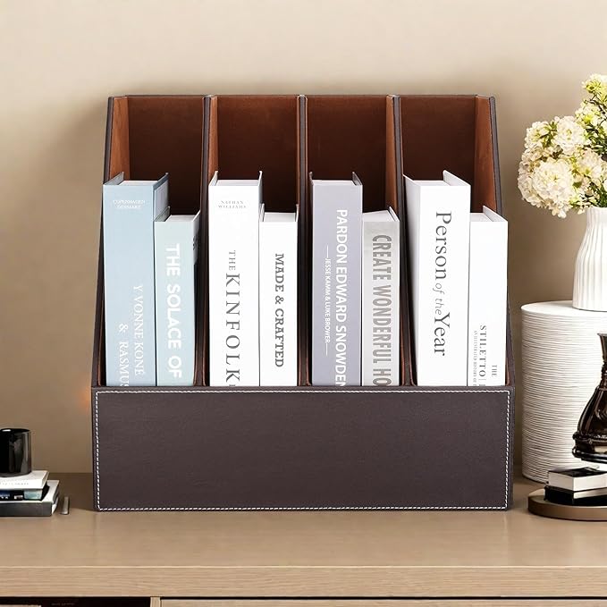 KINGFOM 4-Slot Wood Leather Document Files Holder Rack Stand Desk Files Organizer Papers Collection Cabinet (4 slot brown)