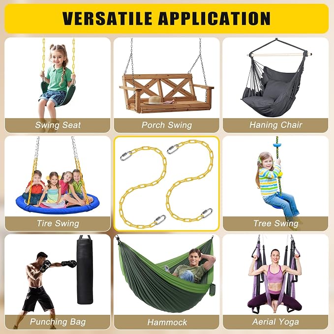 BeneLabel 2Pcs 100" Coated Swing Chain with Carabiners 1000 LBs Capacity Heavy Duty Hanging Chains Porch Swing Chains with Hooks Yellow Chain for Hammock Chairs, Tree Swing, Hanging Chair, Heavy Bags