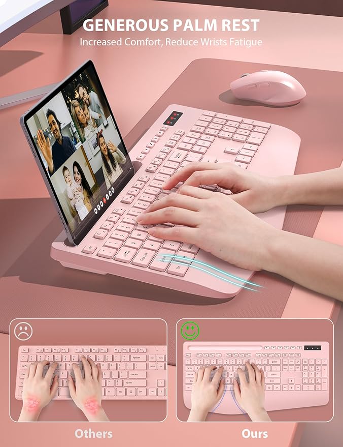 Wireless Keyboard and Mouse Combo - Full-Sized Ergonomic Keyboard with Wrist Rest, Phone Holder, Sleep Mode, Silent 2.4GHz Cordless Keyboard Mouse Combo for Computer, PC, Laptop, Mac, Windows -Trueque