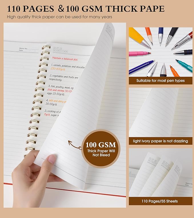 Spiral Notebook Journal 8.5” x 11”, A4 Large Notebooks for Women Men, College Ruled Lined Journal, 100 GSM Paper, Hardcover Spiral Bound Journals for Work School Writing Note Taking Business, Red