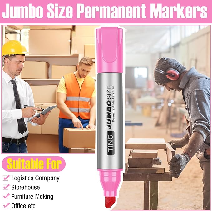 Fuutreo 10 Pack Jumbo Permanent Markers Bulk Large Chisel Tip Permanent Markers Quick Drying Waterproof Big Huge Poster Pens for Office, Logistics Company and More(Pink)