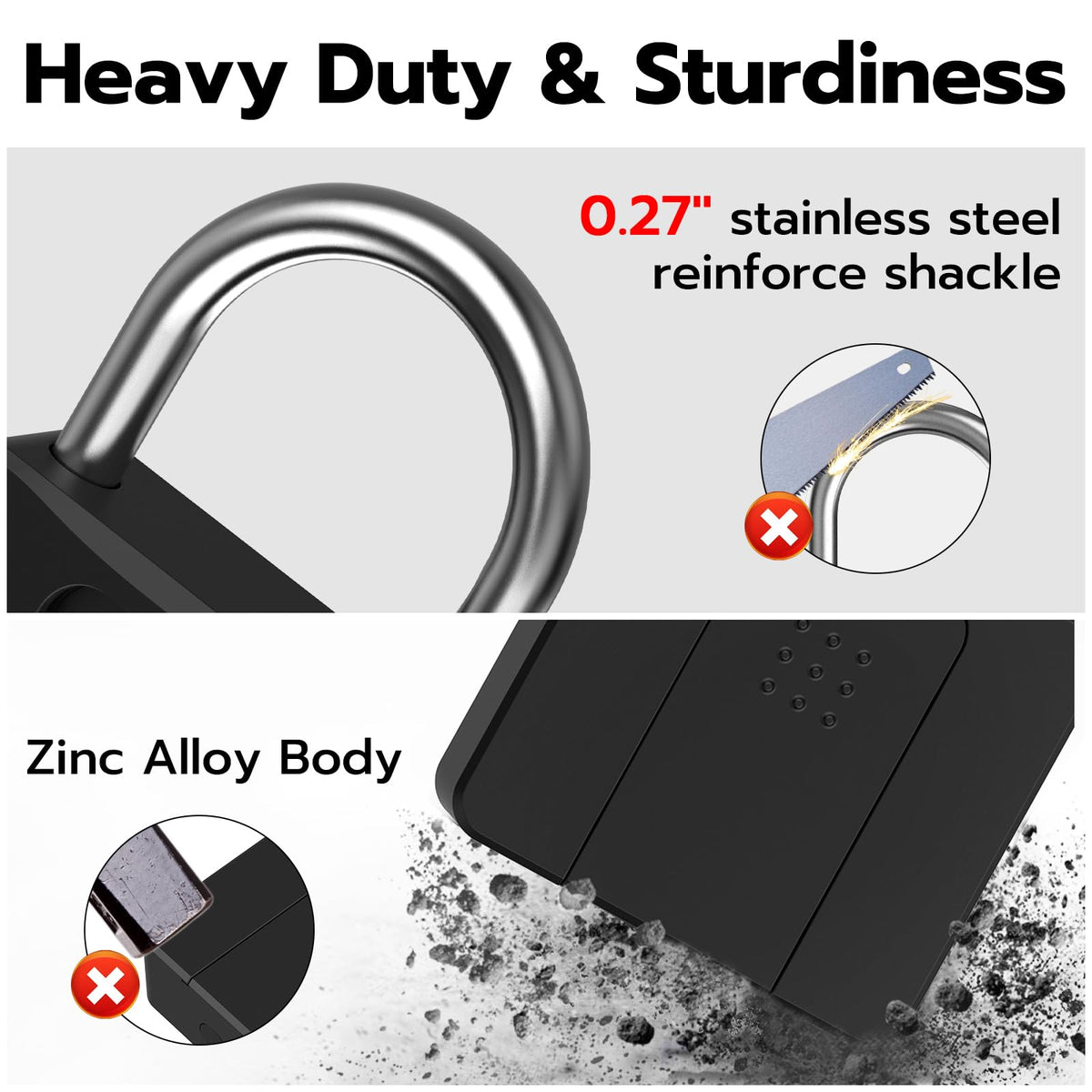 Dhiedas Fingerprint Gate Lock, 2.7'' Long Shackle Heavy Duty Smart Padlock with Key Fingerprint Bluetooth, Waterproof Biometric Keyless Gate Lock for Outdoor Fence Shed Yard Storage Door