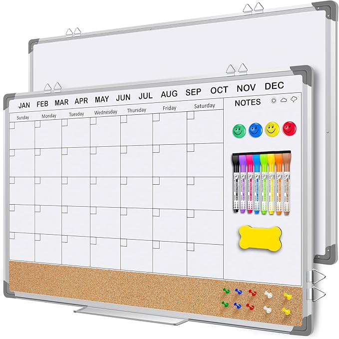 EAONE Magnetic Whitboard Calendar for Wall, Double Sided Dry Eraser Board Combo with Aluminum for Office, School, Home Kitchen (Silver, 36" x 24")