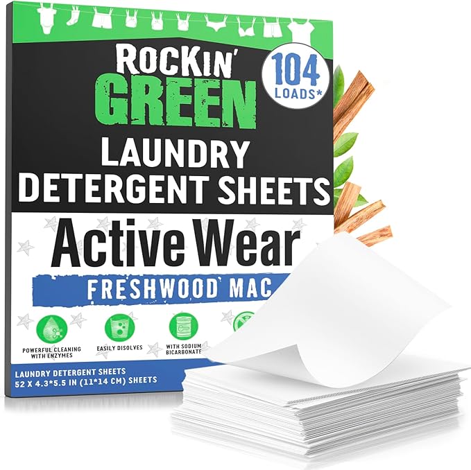 Rockin' Green Active Wear Travel Laundry Detergent Sheets - Mess-Free Laundry Sheet Detergent with Sodium Bicarbonate - Easily Dissolvable Laundry Soap Sheets (104 Loads, Freshwood Mac)
