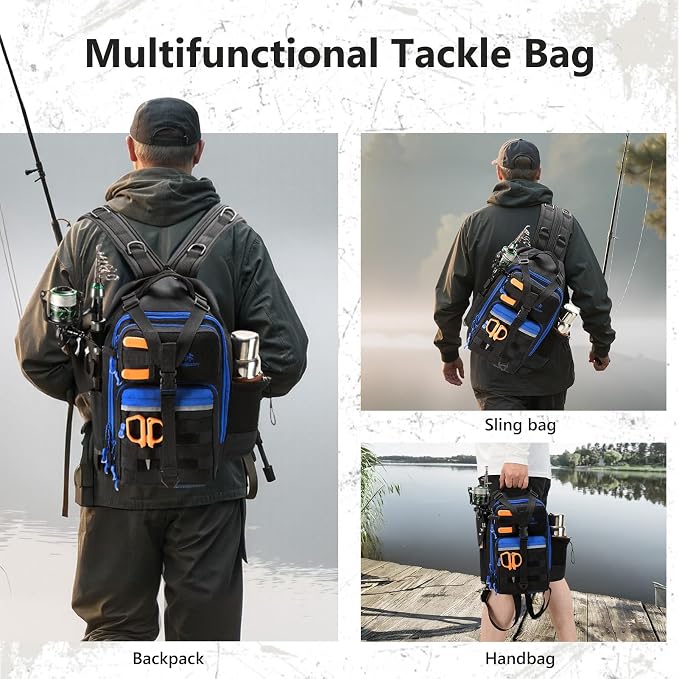 BASSDASH Convertible Fishing Backpack Sling Bag with Rod Holder, Adjustable Tactical Water-Resistant Tackle Storage Pack FP07