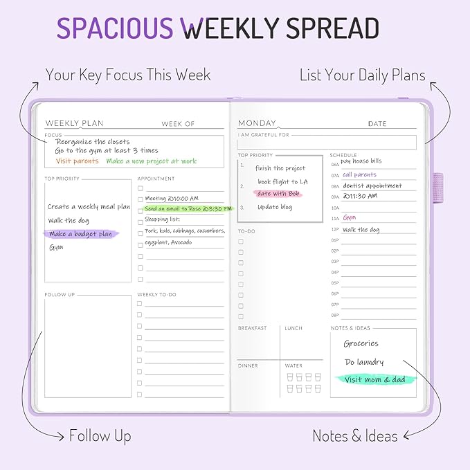 Undated Weekly Planner for 2025, Forvencer Simplified Daily & Weekly & Monthly Calendar Planner, Cute Daily Organizer Notebook, Agenda Journal to Track Goals & Tasks, Start Anytime, A5 Size, Purple