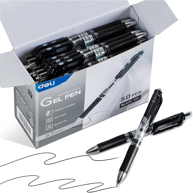 deli Gel Pens, 50 Pcs Retractable Pens Black Ink, Medium Point Pen 0.7mm, Smooth Writing, Fast Dry, No Bleed for Journaling Note Taking, Home School Office Supplies