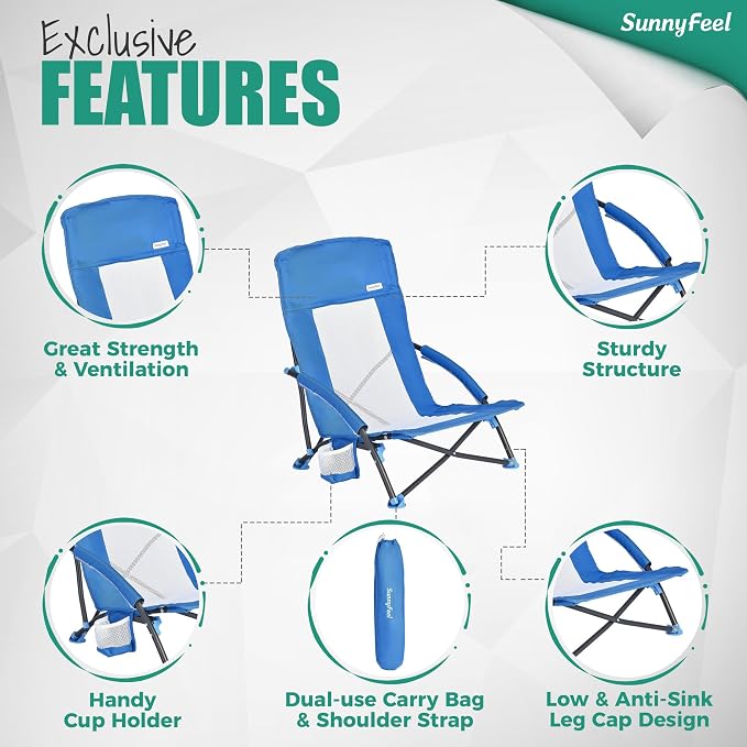 SUNNYFEEL Folding Low Camping Beach Chair 2 Pack, Lightweight Portable Lawn Chair with Mesh Back, Cup Holder for Outdoor/Travel/Picnic/Concert, Foldable Camp Backpack Chairs with Carry Bag
