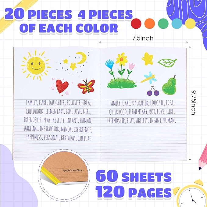 Henoyso 20 Pcs 120 Pages Primary Composition Notebooks K-2, Primary Journal Grades K-2, Writing Journal Practice Notebook for Kids in Preschool, Kindergarten, Back to School Supplies (Rainbow)
