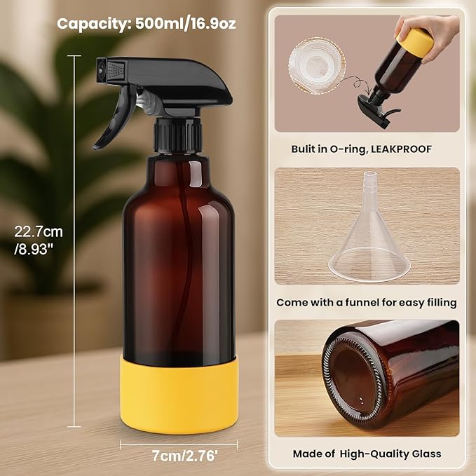 Glass Spray Bottles with Silicone Sleeve 16.9oz 2 Pack Empty Spray Bottle for Hair Mist/Stream Spraying for Cleaning Solutions, Plants, Essential Oils (Brown-grey&yellow)