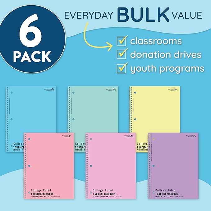 Blue Summit Pastel Spiral Notebook College Ruled, One Subject School Notebooks Spiral, Perforated Notebooks Bulk, 8 x 10.5 School Book, Paper, College Ruled, 6 Pack