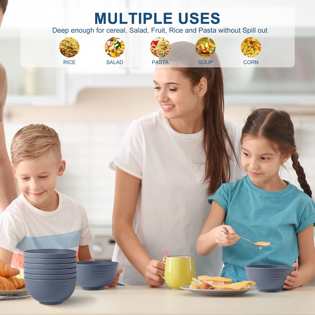HOTEC BPA Free Unbreakable Wheat Straw Cereal Bowls - Microwave & Dishwasher Safe Soup and Salad Bowls, Set of 8, 26oz, Classic Blue