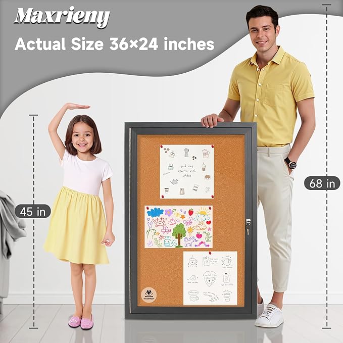 Enclosed Bulletin Board,Outdoor Weatherproof Cork Noticeboard with Locking Door, Wall-Mounted Black Aluminum Frame,Display Case Message Board for Office Home,36x24 Inch (5xA4)