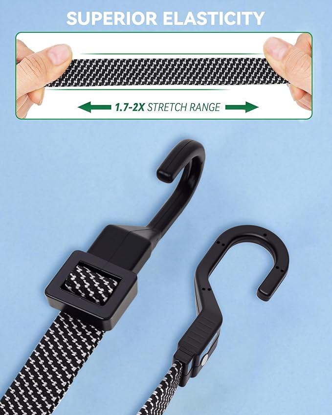 6 Pcs 32 Inch Flat Adjustable Bungee Cords with Hooks, 3X Faster to Adjust The Length, Lucky Straps Black Heavy Duty Bungee Straps for Cargo, Bike, Cart, Tent, Truck, Camping, Outdoor, etc