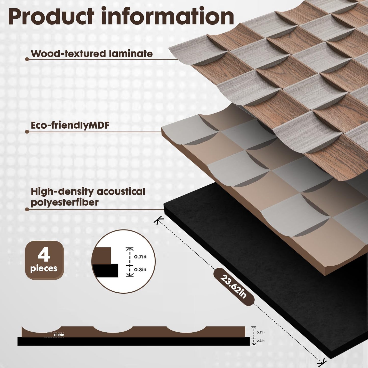 TREKATL AUTO 4 Pcs Acoustic Wood Slat Panels, Fluted Wood Panel Sound Absorbing Panel for Bedroom, Office, Interior Decor, 23.6"x23.6"(15.5ft²), Black Walnut Wood+Silver Oak (3D Concave Convex)